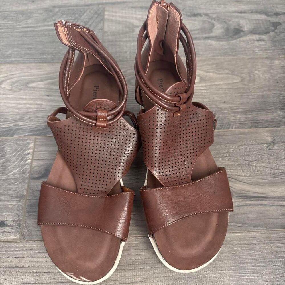 Pierre Dumas Womens Cognac Brown Perforated Ankle Strap Wedge Sandals Size 7